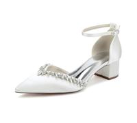 TNMIUH Scarpe da Sposa Eleganti con Tacco Medio, Punta Affusolata, Decorazioni in Cristallo, Cinturino alla Caviglia, Bianco/Avorio Satinato Scarpe col Tacco da Sposa Comode,Avorio,42 EU