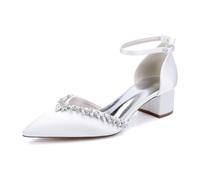 TNMIUH Scarpe da Sposa Eleganti con Tacco Medio, Punta Affusolata, Decorazioni in Cristallo, Cinturino alla Caviglia, Bianco/Avorio Satinato Scarpe col Tacco da Sposa Comode,Bianca,37 EU