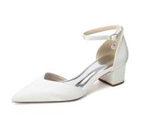 TNMIUH Scarpe in Satin con Scollo a V, Eleganti Décolleté Punta Chiusa Tacco Largo Basso con Ciondolo di Strass e Cinturino, Sposa Matrimonio,Avorio,36 EU