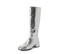 TNMIUH Stivali al Ginocchio Donna Metallizzati Oro e Argento, Stivali da Sfilata di Moda e Passarella, Punta Quadrata e Tacco a Blocco per Spettacolo e Scena Feste e Disco,Argento,35.5 EU
