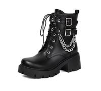 TNMIUH Stivali da Donna Combat Platform Neri con Catena, Fibbie Metalliche, Lacci, Suola Chunky, Stile Gotico Punk Rock,Black 2,43 EU