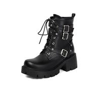 TNMIUH Stivali Donna Combat Platform con Fibbie, Nero, Suola Chunky, Lacci e Multi Cinturini, Stile Gotico Punk, Boots Militari con Plateau,Black Leather,41 EU