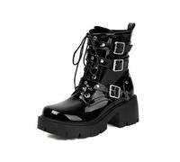 TNMIUH Stivali Donna Combat Platform con Fibbie, Nero, Suola Chunky, Lacci e Multi Cinturini, Stile Gotico Punk, Boots Militari con Plateau,Black Patent Leather,35.5 EU