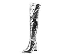 TNMIUH Stivali Donna sopra Il Ginocchio in Pelle Metallizzata, Argento e Oro, 8.5cm Tacco Largo, Stile Glamour, Festa di Moda, Sfilata di Moda, Discoteca,Argento,36 EU