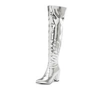 TNMIUH Stivali sopra Il Ginocchio Donna Metallizzati Oro e Argento, Cuissardes Sexy con Tacco Largo e Punta, Stivali Alti da Festa Sfilata di Moda Disco Clubbing,Argento,40 EU