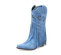 TNMIUH Stivali Western con Frange Donna Blu Camoscio metà Polpaccio Stivali da Cowboy con Zeppa Interna Boho Chic con Borchie,Blu,38 EU