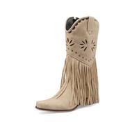TNMIUH Stivali Western con Frange Donna Blu Camoscio metà Polpaccio Stivali da Cowboy con Zeppa Interna Boho Chic con Borchie,Beige,36 EU