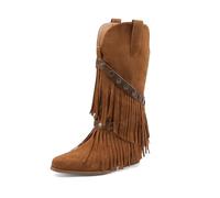 TNMIUH Stivali Western con Frange Donna metà Polpaccio Stivali da Cowboy con Zeppa Interna Camoscio Boho Chic,Marrone,39 EU