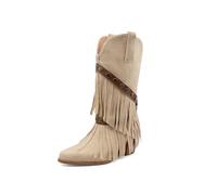 TNMIUH Stivali Western con Frange Donna metà Polpaccio Stivali da Cowboy con Zeppa Interna Camoscio Boho Chic,Beige,40 EU