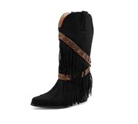 TNMIUH Stivali Western con Frange Donna metà Polpaccio Stivali da Cowboy con Zeppa Interna Camoscio Boho Chic,Nero,38 EU