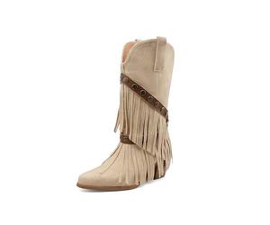 TNMIUH Stivali Western con Frange Donna metà Polpaccio Stivali da Cowboy con Zeppa Interna Camoscio Boho Chic,Beige,36 EU