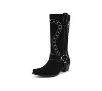 TNMIUH Stivali Western Donna a metà Polpaccio Stivali Biker con Borchie Tacco Largo Punta Quadrata Stivali da Cowboy in Camoscio con Fibbia,Nero,41 EU