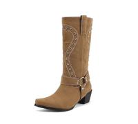 TNMIUH Stivali Western Donna a metà Polpaccio Stivali Biker con Borchie Tacco Largo Punta Quadrata Stivali da Cowboy in Camoscio con Fibbia,Beige,37 EU