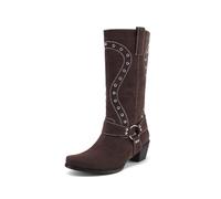 TNMIUH Stivali Western Donna a metà Polpaccio Stivali Biker con Borchie Tacco Largo Punta Quadrata Stivali da Cowboy in Camoscio con Fibbia,Marrone,35.5 EU