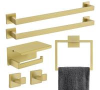 TNOMS Kit Bagno Accessori Completo Set di 6 Pezzi di Accessori da Bagno in Oro Chiaro Spazzolato Portasciugamani Doppio Barra Portasciugamani Anello Appendiabiti Porta Carta Igienica con Mensola