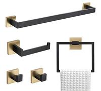 TNOMS Set di 5 accessori per il bagno set di accessori per il bagno, set di portasciugamani nero e oro, in acciaio inox a parete, 60 cm