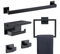 TNOMS Set di 5 portasciugamani neri da bagno, con barra portasciugamani da 60 cm, gancio per asciugamani e porta carta igienica con ripiano, set di accessori da bagno in acciaio inossidabile
