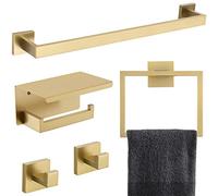 TNOMS Set di accessori da bagno da 5 pezzi da 60 cm in oro con barra portasciugamani ad anello per asciugamano gancio appendiabiti e porta carta igienica con mensola a parete in acciaio inox set di