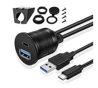 TNP - Cavo USB C + USB 3.0 per montaggio a filo, cavo di prolunga doppio USB da 0,9 m, per cruscotto auto con montaggio su cruscotto, 2 USB tipo A + C maschio a femmina, cavo adattatore per barca,