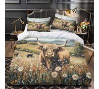 TNSGHAVED Bovini delle Highlands Set Di Copripiumino 3 Pezzi microfibra stampa di 3D con federa incluso federe Pittura di paesaggio pastorale copripiumino for ragazze e adulti Single（135x200cm）