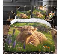 TNSGHAVED mucca delle Highlands Set Di Copripiumino Set di 3 Pezzi morbida stampa di 3D con federa per cuscini con cerniera Scena pastorale rurale copripiumino for coppie e adulti Single（135x200cm）