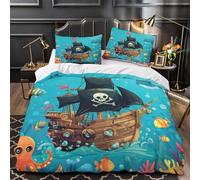TNSGHAVED Nave pirata Set Di Copripiumino Set di 3 Pezzi microfibra stampa di 3D con cerniera con federe per cuscini Avventura subacquea copripiumino for adulti e bambini Single（135x200cm）