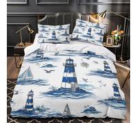 TNSGHAVED Scena nautica Set Di Copripiumino Biancheria da letto microfibra morbida stampa di 3D con federa con cerniera faro a strisce blu copripiumino for ragazzi e bambini Single（140x200cm）