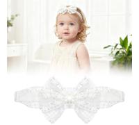 TNSLAND Fascia per capelli per bambine, in pizzo bianco, elastico, con doppio fiocco per battesimo, servizio fotografico, vita quotidiana, morbida, idea regalo per baby shower e baby shower