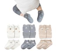 TNSLAND Ginocchiera per gattonare, 3 paia di ginocchiere per bambini e 3 paia di calzini per gattonare per bambini, antiscivolo, per gattonare con punti in gomma, per bambini, 0-6 mesi