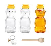 TNSLAND Set di 3 dispenser per miele, per orso, trasparente, da 250 ml, con bastoncini per miele e portachiavi, per cucina, ketchup, aceto, olio, bambini