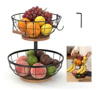 TNTGMG Cesto portafrutta a due ripiani, cesto portaortaggi in metallo con base in legno e 2 ganci per banane, moderno contenitore da terra per frutta, verdura, pane, snack, dolci e pane