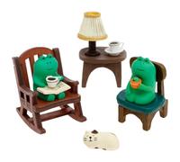 TNTGMG Set di 6 statuette a rana in miniatura con divano, gatto, lampada, adorabili oggetti da collezione a rana, decorazione da scrivania artificiale per ufficio, giardino delle fiabe, casa