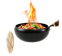 TNTGMG Wok, wok in ferro fatto a mano con coperchio in legno, fondo rotondo per arrosti, barbecue, barbecue e campeggio, padella multiuso senza rivestimento chimico per tutti i fornelli (24 x 24 x