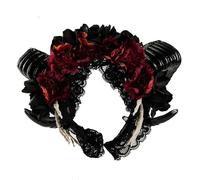 Tnxpumi Mori - Fascia per capelli con corna di pecora e corna di pecora, con teschio, accessorio per capelli con fiore di rosa scura, prestazioni per Natale