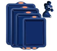 To encounter Set di 4 padelle in silicone, antiaderenti, con teglie da forno, teglie per biscotti, teglia da forno con telaio rinforzato in metallo, colore blu scuro con impugnature arancioni