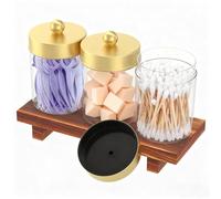 Toaboa 3 contenitori per cotton fioc con base in legno, antipolvere, 10 x 7,5 x 7,5 cm, trasparente, per cotton fioc, stuzzicadenti, mollette per capelli, graffette (oro)