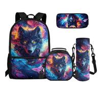 TOADDMOS 4 in 1 Set di borse per libri per scuola superiore e media, astuccio per matite, bottiglia d'acqua, borsa a tracolla per adolescenti, ragazze, ragazzi, scuola elementare e media, Lupo nuvola