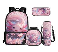 TOADDMOS 4 in 1 Set di borse per libri per scuola superiore e media, astuccio per matite, bottiglia d'acqua, borsa a tracolla per adolescenti, ragazze, ragazzi, scuola elementare e media, Axolotl Rosa