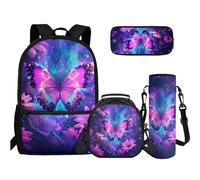 TOADDMOS 4 in 1 Set di borse per libri per scuola superiore e media, astuccio per matite, bottiglia d'acqua, borsa a tracolla per adolescenti, ragazze, ragazzi, scuola elementare e media, Farfalla
