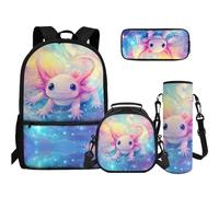 TOADDMOS 4 in 1 Set di borse per libri per scuola superiore e media, astuccio per matite, bottiglia d'acqua, borsa a tracolla per adolescenti, ragazze, ragazzi, scuola elementare e media, Axolotl Mare