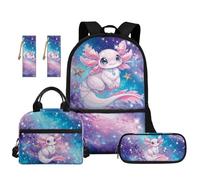 TOADDMOS 5 zaini per bambini per la scuola con borsa per il pranzo astuccio 2 segnalibri per bambini adolescenti scuola elementare media, Galassia Axolotl Rosa, moderno