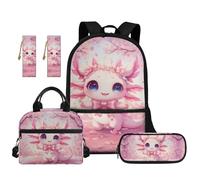 TOADDMOS 5 zaini per bambini per la scuola con borsa per il pranzo astuccio 2 segnalibri per bambini adolescenti scuola elementare media, Fiori Axolotl Rosa, moderno