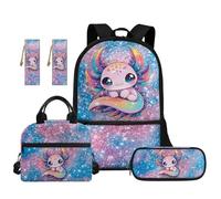 TOADDMOS 5 zaini per bambini per la scuola con borsa per il pranzo astuccio 2 segnalibri per bambini adolescenti scuola elementare media, Axolotl Blu Rosa Glitter, moderno