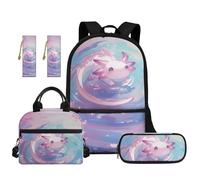 TOADDMOS 5 zaini per bambini per la scuola con borsa per il pranzo astuccio 2 segnalibri per bambini adolescenti scuola elementare media, Axolotl Rosa, moderno
