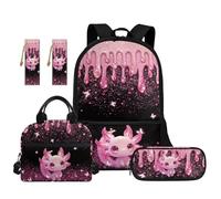 TOADDMOS 5 zaini per bambini per la scuola con borsa per il pranzo astuccio 2 segnalibri per bambini adolescenti scuola elementare media, Axolotl Rosa Glitter, moderno