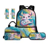 TOADDMOS 5 zaini per bambini per la scuola con borsa per il pranzo astuccio 2 segnalibri per bambini adolescenti scuola elementare media, Stampa marmo Axolotl, moderno