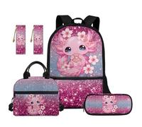 TOADDMOS 5 zaini per bambini per la scuola con borsa per il pranzo astuccio 2 segnalibri per bambini adolescenti scuola elementare media, Axolotl Cherry Blossom, moderno