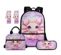 TOADDMOS 5 zaini per bambini per la scuola con borsa per il pranzo astuccio 2 segnalibri per bambini adolescenti scuola elementare media, Fiocco Axolotl Rosa, moderno