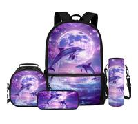 TOADDMOS Grande capacità personalizzato Back to School Set zaino bottiglia d'acqua borsa per ragazzi ragazze 1-6 ° grado bambini ritorno a scuola, Delfino Luna Viola, Zaini
