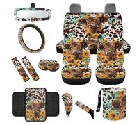 TOADDMOS Set completo di 14 coprisedili per auto, motivo: mucca delle Highlands, con cuscinetti per bracciolo centrale, freno a mano, copri pomello del cambio, coprivolante, cuscinetti per cinture di